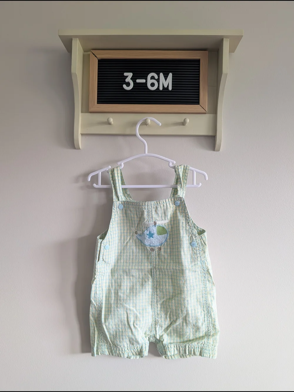 Vintage OshKosh B'gosh Light Green and White Plaid Baby Shortalls WithHelicopter
